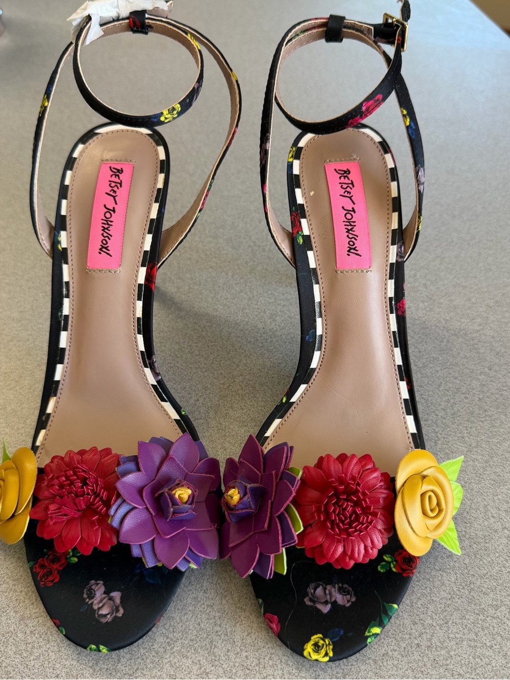 Betsey Johnson Black Floral Ankle-Strap Heels with Multicolor Flower Appliqués